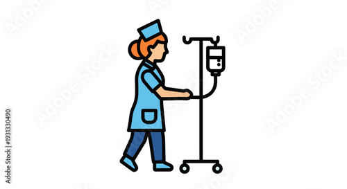 Cartoon illustration of a nurse with an IV drip stand, conveying care and medical treatment