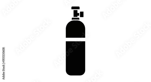 Oxygen cylinder icon, pure silhouette in solid black, representing gas storage and medical supply with a valve detail