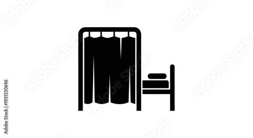 Pure silhouette icon of a patient's private sleeping area with a bed and a privacy curtain, symbolizing hospital rooms, medical accommodations, or personal care spaces