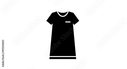 Simple illustration of a black short-sleeved nightgown with a pocket on the left chest and a striped hem, against a white background, representing comfort and relaxation