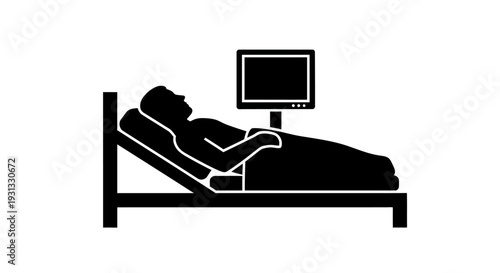 Flat vector illustration of a patient lying in a hospital bed with a medical monitor, symbolizing healthcare, recovery, and medical status monitoring in a clinical environment