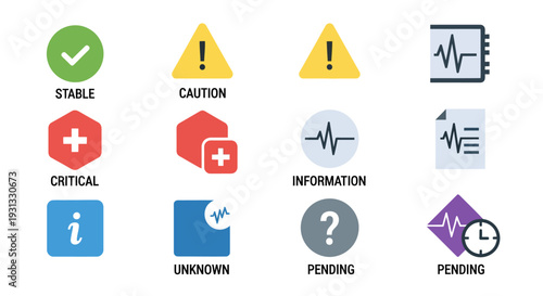 Set of icons representing statuses stable, caution, critical, information, unknown, pending, and medical alerts