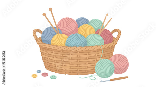 Colorful Yarn Balls in Wicker Basket