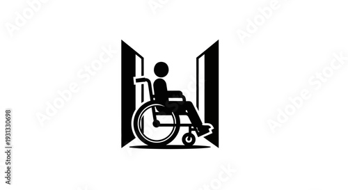 Clean minimalist graphic icon of a person using a wheelchair, positioned within an open doorway, symbolizing universal accessibility and inclusive design for all individuals with mobility needs