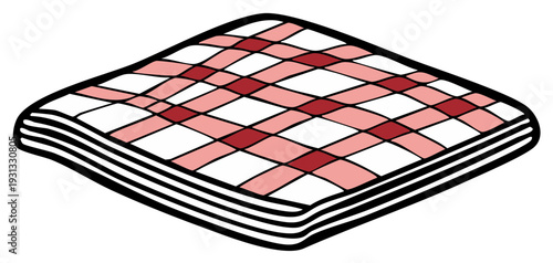 Cartoon styled red and white checkered blanket with fringe stack on white. Decorative picnic blanket.