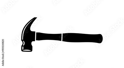 Pure solid black silhouette of a classic claw hammer. Essential hand tool graphic for construction, DIY projects, home improvement, and repair, symbolizing strength, utility, and craftsmanship