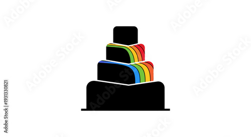 Modern vector illustration of a multi-tiered black cake with vibrant rainbow colored layers, symbolizing celebration, diversity, and joy in graphic design