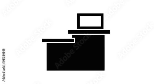 A minimalist black and white silhouette of a modern computer desk with a monitor on a white background