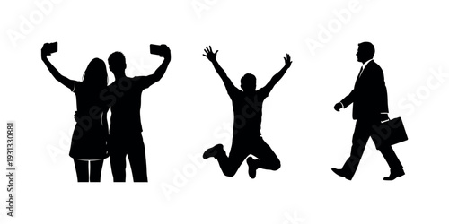Silhouettes of joyful people in various celebratory poses