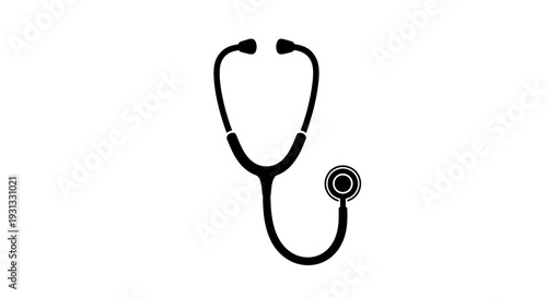 Minimalist black silhouette icon of a medical stethoscope, a clean solid graphic symbol representing healthcare, diagnosis, and the medical profession. Perfect for health designs