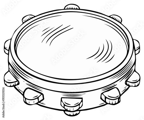Musical percussion instrument tambourine with jingles and a drumhead in a simple line drawing style.