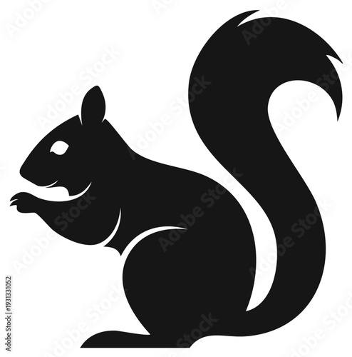Stylized Black Silhouette of a Squirrel with a Fluffy Tail Sitting and Holding Something