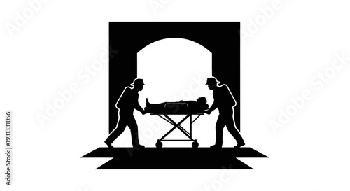 Stark black silhouette depicting two emergency personnel transporting a patient on a stretcher through an archway, symbolizing urgent care and critical assistance