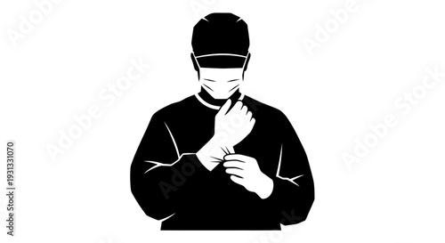 Silhouette icon of a medical professional meticulously putting on or adjusting sterile gloves, symbolizing preparation, safety, and healthcare readiness