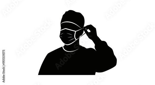 Dynamic silhouette of a medical professional securing a protective face mask, essential personal protective equipment for health, safety, and disease control