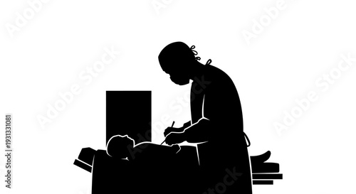 A focused medical surgeon performs a critical operation on a patient in a sterile environment, depicted in a powerful, minimalist silhouette illustration highlighting healthcare precision