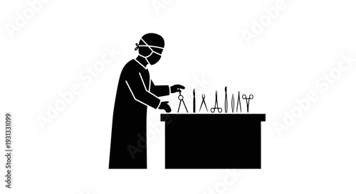 Minimalist black silhouette icon of a medical professional arranging surgical instruments on a table, illustrating preparation for an operation