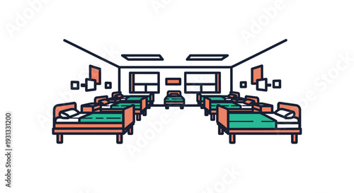 Flat design vector illustration of a minimalist interior with multiple beds, symbolizing a clean and orderly dormitory, hospital ward, or emergency shelter accommodation