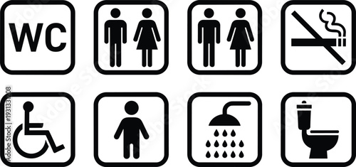 Public Facility Icon Set Featuring Restroom Symbols Male and Female Signs No Smoking Warning Disabled Access Shower Toilet and WC Information,