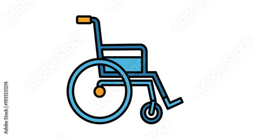 Bright blue and orange line art illustration of a modern wheelchair, symbolizing accessibility, mobility assistance, disability support, and healthcare services