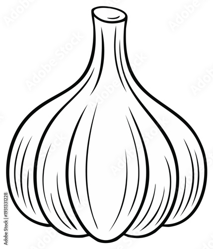 Bold outline illustration of a garlic bulb, featuring cloves and stem.