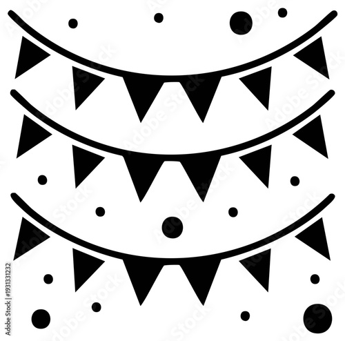 Black silhouette of festive party bunting flags and confetti hanging for a celebration