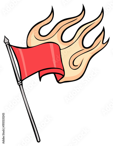 Vibrant Red Flag Waving with Fiery Flames Symbolizing Passion and Power
