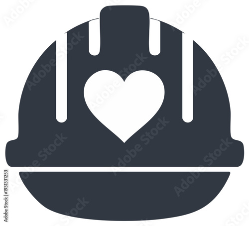 Hard hat with heart graphic icon representing safety, protection, love, and care for workers