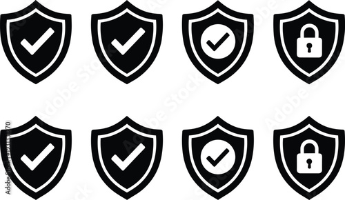 Security Shield Icon Set Featuring Protection Symbols with Check Marks and Padlocks for Cyber Security Data Safety Privacy and Verified Guarantee,