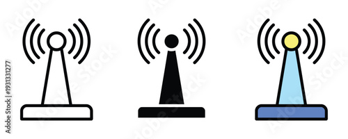Wireless signal tower and antenna icon set. Telecommunication mast symbol for radio waves, network connectivity, and broadcast transmission design. Vector Illustration.