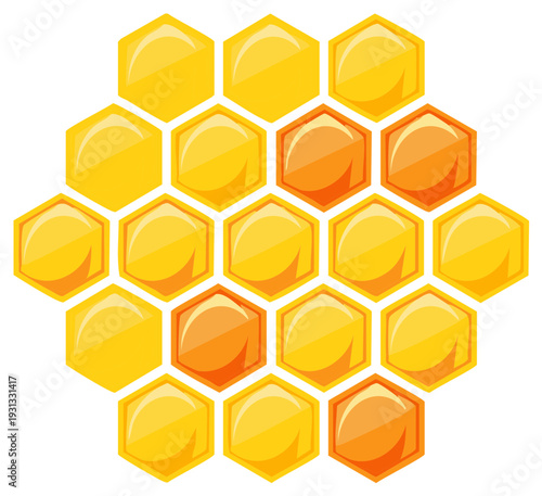 Golden honeycomb cells filled with rich amber nectar and yellow honey