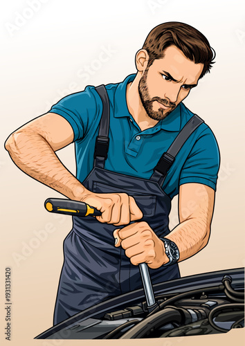 070-21-Auto mechanic fixing car engine, performing maintenance and repair