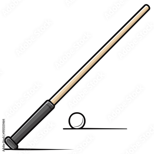 Simple graphic illustration of a pool cue stick and a white billiard ball