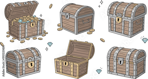 Vintage Wooden Treasure Chest Vector Set with Gold Coins Diamonds and Locks for Pirate Themes Gaming Icons Wealth Concepts and Adventure Graphic Designs