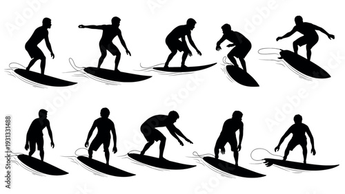 Silhouettes of surfers performing various actions on surfboards.