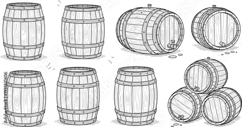 Vintage Wooden Barrel Vector Set Featuring Multiple Angles and Stacked Designs for Wine Whiskey Beer Storage and Rustic Interior Graphic Elements