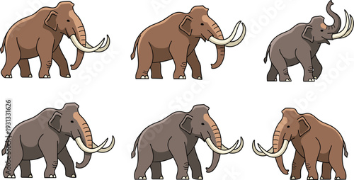 Woolly Mammoth Cartoon Character Set with Different Poses and Color Variations Isolated on Light Background Vector Illustration Collection
