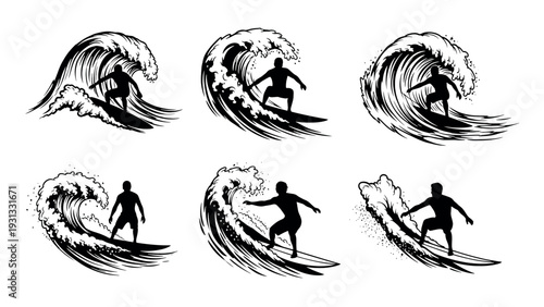 Surfer Riding Big Waves Dynamic Action Silhouette Collection.