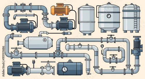 Industrial plumbing system with pipes valves and pumps illustration.