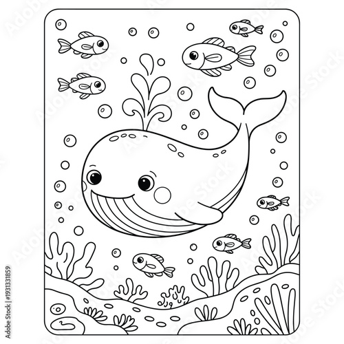 Cute cartoon whale spraying water with small fish and coral black and white line art stock illustration