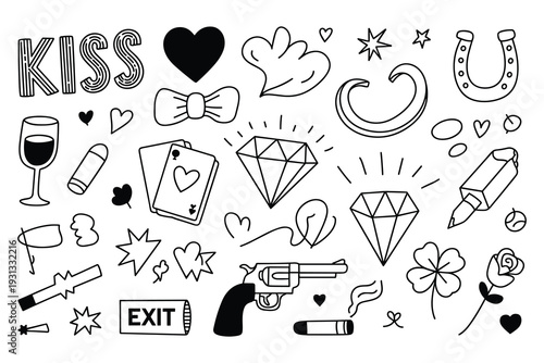Doodle Icons Set: Kiss Heart Diamond Gun Horseshoe Cards Wine Rose Clover Horseshoe