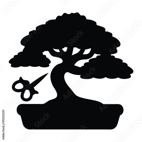 Black silhouette of a bonsai tree with pruning shears on a white background