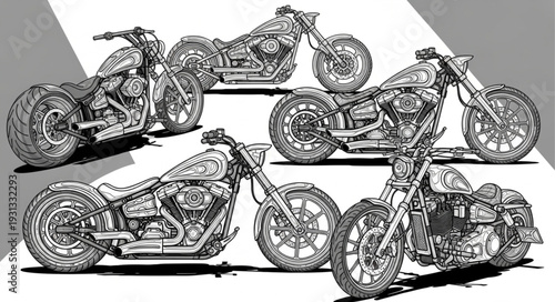 Collection of Five Custom Chopper Motorcycles Displayed Together.