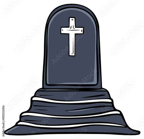 Lone tombstone marker with a simple cross engraving a gray memorial stone in somber silence. Cemetary illustration