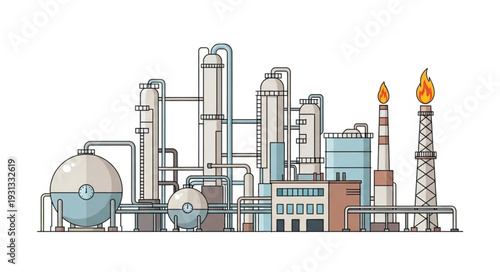 Industrial oil refinery complex with distillation towers and flare stack.