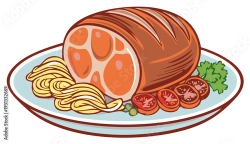 Sliced Roast Meat with Pasta and Tomatoes on a Decorative Plate, Illustration