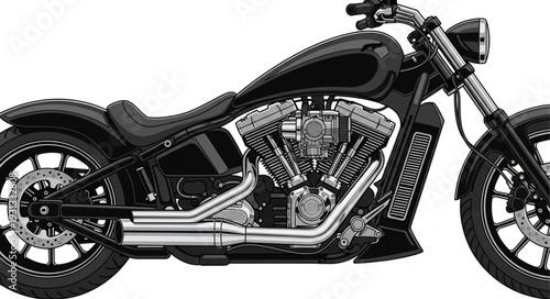 Sleek black custom motorcycle with chrome details on white background.