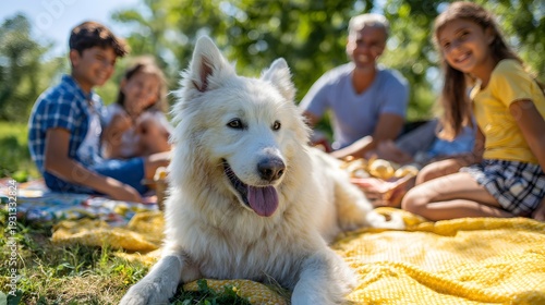 A family having a picnic in a sunny park with a dog, summer activity, joyful, natural light, vibrant colors