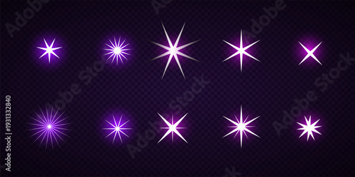 Colorful Star Light Effect Collection with Blue, Golden, and Yellow Glowing Starlight Sparkle Rays and Lens Flare Illumination on Transparent Background