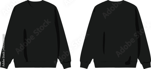 Black sweatshirt mockup front and back view, blank long sleeve apparel template isolated on white background illustration